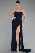 Navy Blue Strapless Slit Beaded Long Evening Gown ABU4114