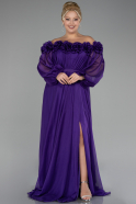 Purple Boat Neck Long Sleeve Plus Size Chiffon Prom Gown ABU4131