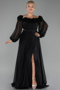 Black Boat Neck Long Sleeve Plus Size Chiffon Prom Gown ABU4131