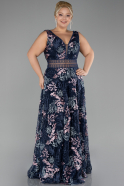 Long Navy Blue Laced Plus Size Evening Gown ABU4261