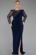 Navy Blue Stoned Long Sleeve Slit Plus Size Evening Gown ABU4119