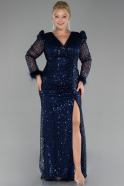 Navy Blue Long Sleeve Scaly Plus Size Evening Dress ABU3861