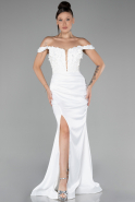 White Boat Neck Slit Long Prom Gown ABU4264