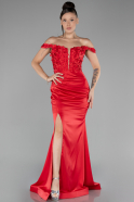 Red Boat Neck Slit Long Prom Gown ABU4264