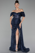 Navy Blue Boat Neck Slit Long Scaly Prom Gown ABU4265