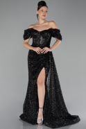 Black Boat Neck Slit Long Scaly Prom Gown ABU4265