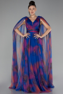 Sax Blue Long Shawl Sleeve Printed Prom Dress ABU4266