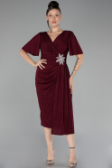 Burgundy Short Sleeve Midi Glittery Plus Size Cocktail Dress ABK2146