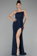 Navy Blue Strapless Slit Scaly Prom Gown ABU4267