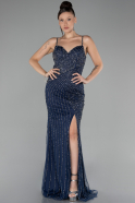 Navy Blue Strapless Slit Scaly Long Evening Gown ABU4268