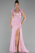 Powder Color Slit Strap Flowers Long Chiffon Evening Gown ABU4272