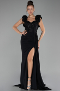 Black Slit Strap Flowers Long Chiffon Evening Gown ABU4272