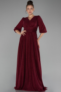 Burgundy Short Sleeve V-Neck Long Glitter Evening Dress ABU4275