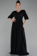 Black Short Sleeve V-Neck Long Glitter Evening Dress ABU4275