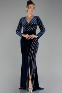 Navy Blue Stoned Long Sleeve Velvet Evening Dress ABU4282