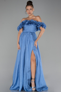 Indigo Floral Boat Neck Slit Long Prom Dress ABU4278