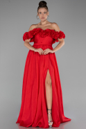 Red Floral Boat Neck Slit Long Prom Dress ABU4278