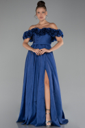 Navy Blue Floral Boat Neck Slit Long Prom Dress ABU4278