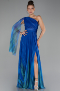 Sax Blue One Shoulder Patterned Long Prom Dress ABU4279