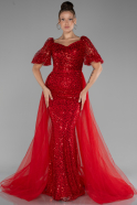 Red Short Sleeves Long Scaly Plus Size Evening Gown ABU4281