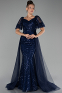 Navy Blue Short Sleeves Long Scaly Plus Size Evening Gown ABU4281