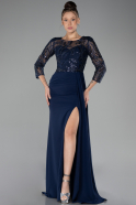 Navy Blue Embroidered Capri Sleeve Slit Chiffon Evening Gown ABU4293