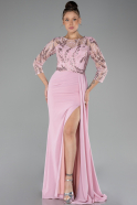 Powder Color Embroidered Capri Sleeve Slit Chiffon Evening Gown ABU4293