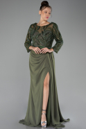 Olive Drab Stoned Capri Sleeve Slit Chiffon Plus Size Evening Gown ABU4294