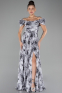 Anthracite Boat Neck Floral Slit Long Prom Dress ABU4113