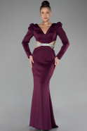 Cherry Colored Long Sleeve Cut Out Evening Dress ABU4297