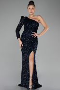 Navy Blue Single Sleeve Slit Long Sequined Evening Gown ABU4302