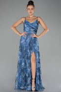 Indigo Slit Long Patterned Plus Size Prom Dress ABU3955