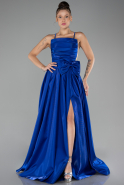 Sax Blue Slit Long Satin Prom Dress ABU4298