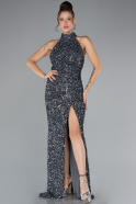 Anthracite Halter Neck Slit Long Scaly Evening Gown ABU4306