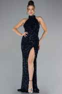 Navy Blue Halter Neck Slit Long Scaly Evening Gown ABU4306