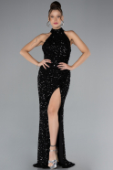 Black Halter Neck Slit Long Scaly Evening Gown ABU4306