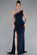 Navy Blue Stoned One Shoulder Slit Long Glitter Evening Gown ABU4307