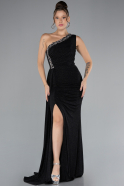 Black Stoned One Shoulder Slit Long Glitter Evening Gown ABU4307