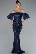 Navy Blue Strapless Sleeve Accessories Long Scaly Evening Gown ABU4308