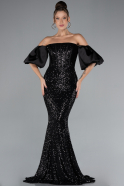 Black Strapless Sleeve Accessories Long Scaly Evening Gown ABU4308