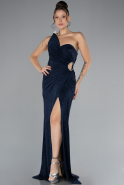 Navy Blue One Shoulder Slit Long Silvery Evening Gown ABU4309