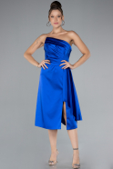 Sax Blue Strapless Midi Satin Cocktail Dress ABK2160