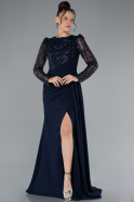 Navy Blue Stoned Long Sleeve Slit Plus Size Evening Gown ABU4311