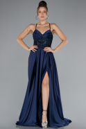 Navy Blue Srappy Long Satin Prom Gown ABU4133