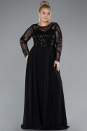 Black Embroidered Long Sleeve Chiffon Plus Size Evening Gown ABU4312