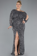 Anthracite Slit Long Sleeve Scaly Plus Size Evening Gown ABU4313