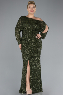 Olive Drab Slit Long Sleeve Scaly Plus Size Evening Gown ABU4313