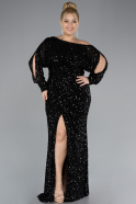 Black Slit Long Sleeve Scaly Plus Size Evening Gown ABU4313