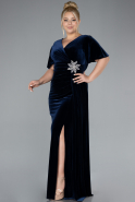 Navy Blue Short Sleeve Slit Long Velvet Plus Size Evening Dress ABU4317