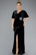 Black Short Sleeve Slit Long Velvet Plus Size Evening Dress ABU4317